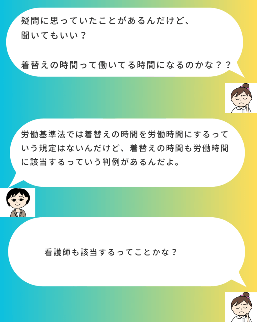 看護師と社労士の会話画像。「着替えの時間って働いてる時間になるのかな?」と疑問を抱く看護師に対し、社労士が「労働基準法に規定はないが、労働時間に該当するという判例がある」と説明している。