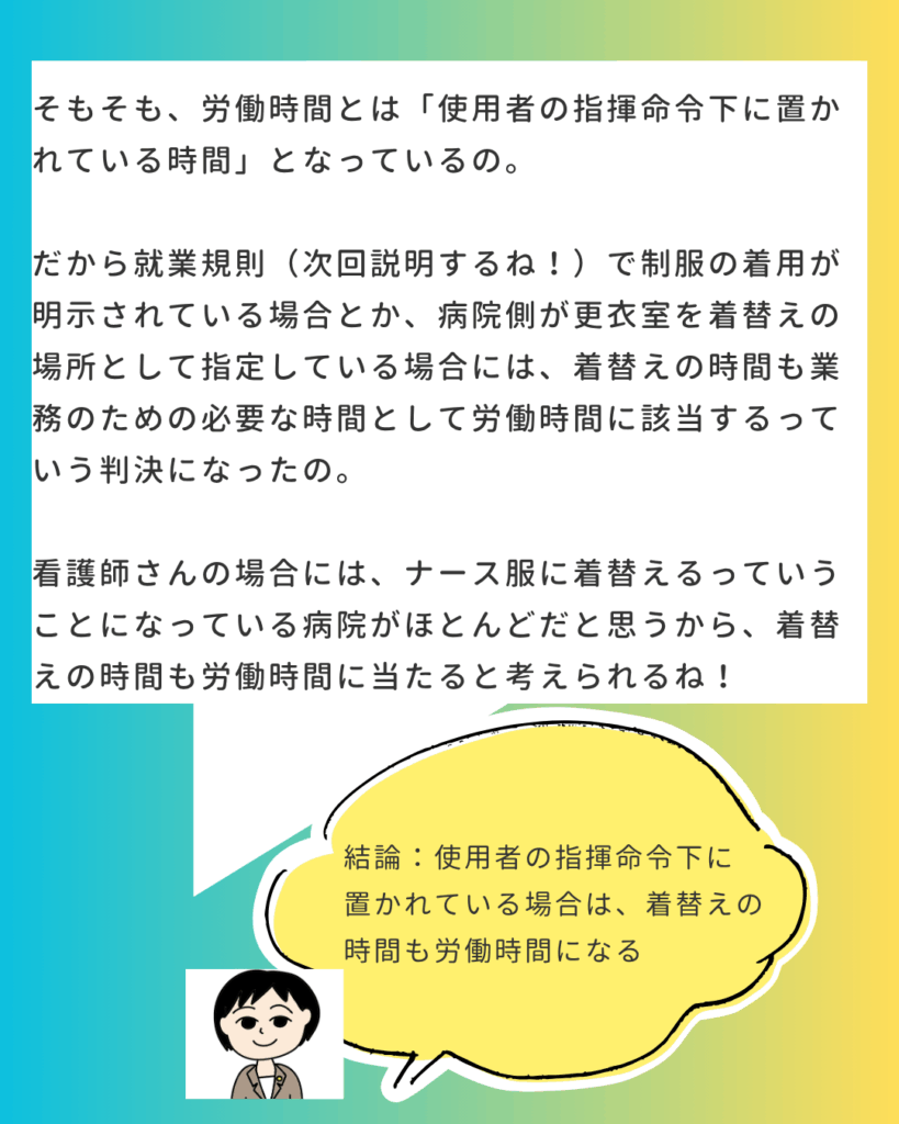 労働時間の定義を解説する画像。「労働時間とは『使用者の指揮命令下に置かれている時間』」であり、就業規則で制服着用が明示されている看護師は、着替えの時間も労働時間に当たると結論付けている。
