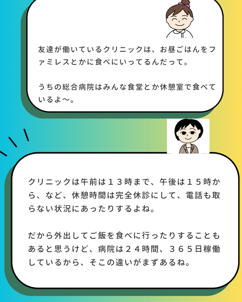 友人の働くクリニックは昼食をファミレスなどで食べる。うちの総合病院は食堂や休憩室で食べている。 2コマ目：クリニックは休憩時間を完全休診にし電話も取らない状況がある。病院は24時間稼働していることとの違いがある。