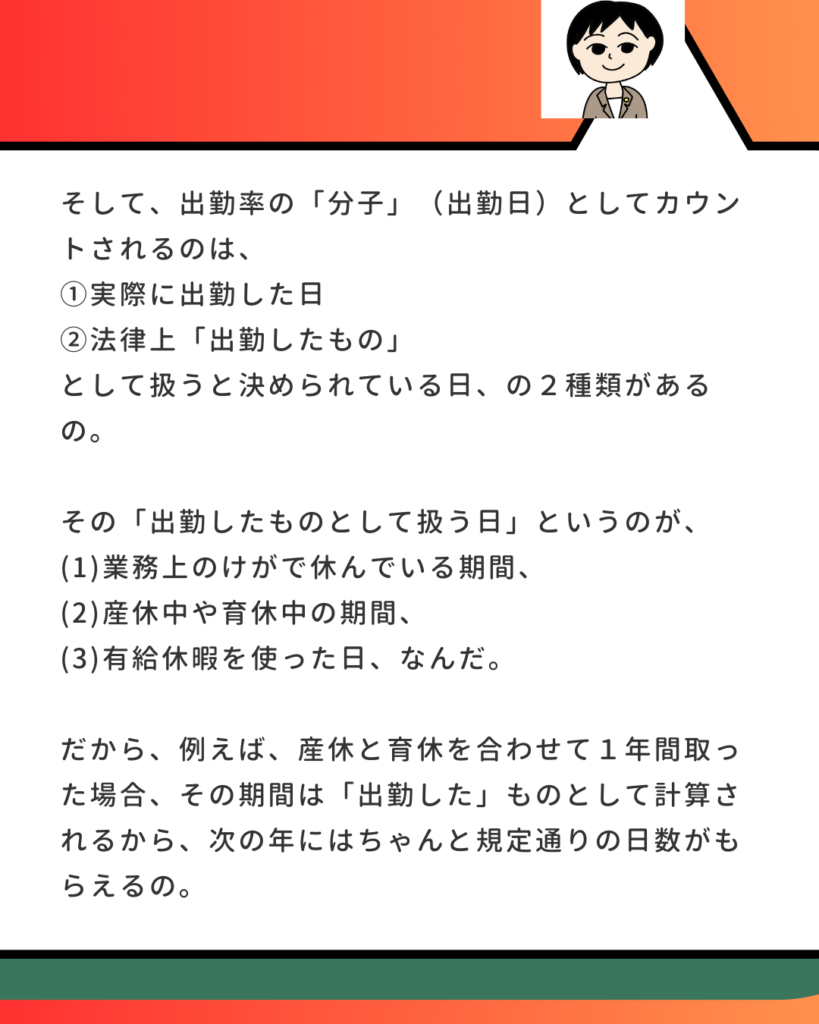 「出勤率の分子（出勤日）としてカウントされるものについて。実際に働いた日に加え、産休・育休期間や有給休暇を使った日などは、法律上『出勤したもの』として扱われるという解説。」